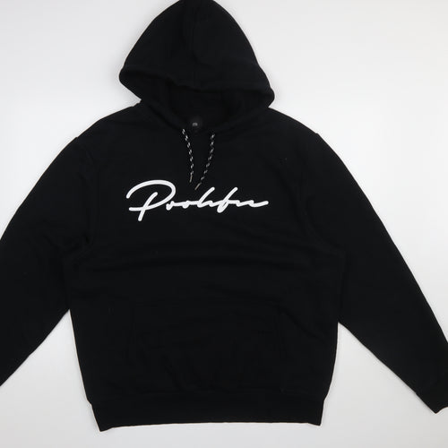 River Island Men’s Black Pullover Hoodie L Graphic Logo Cotton Blend