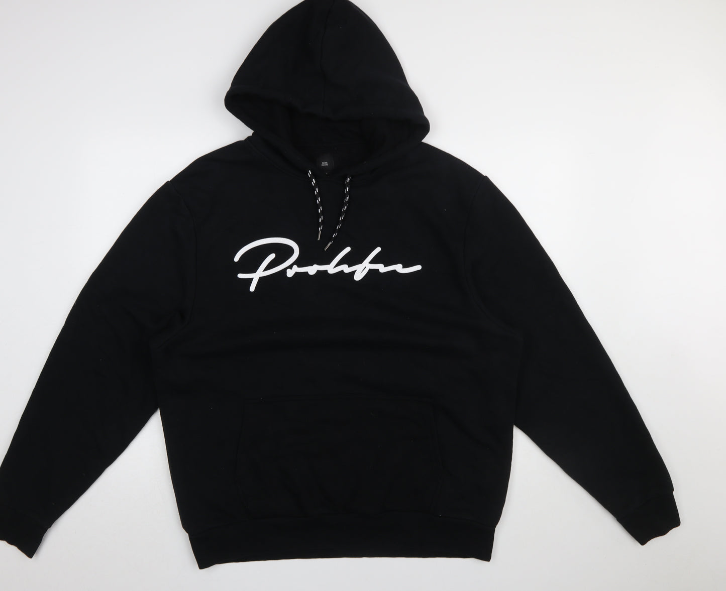 River Island Men’s Black Pullover Hoodie L Graphic Logo Cotton Blend