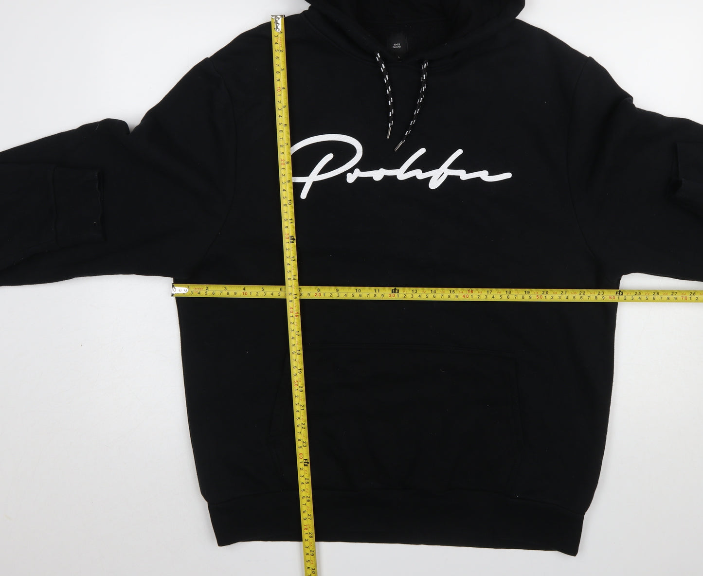 River Island Men’s Black Pullover Hoodie L Graphic Logo Cotton Blend