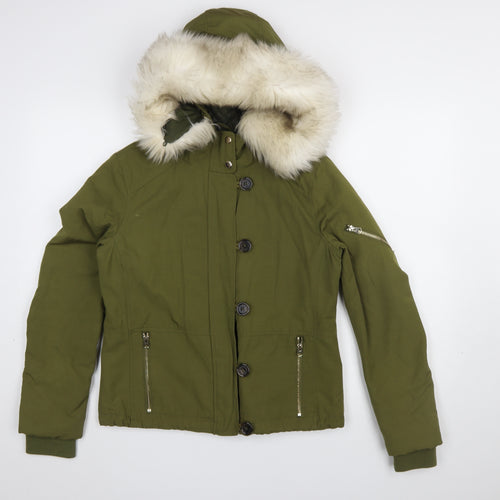Topshop Womens Green Faux Fur Hooded Parka Jacket Size 8