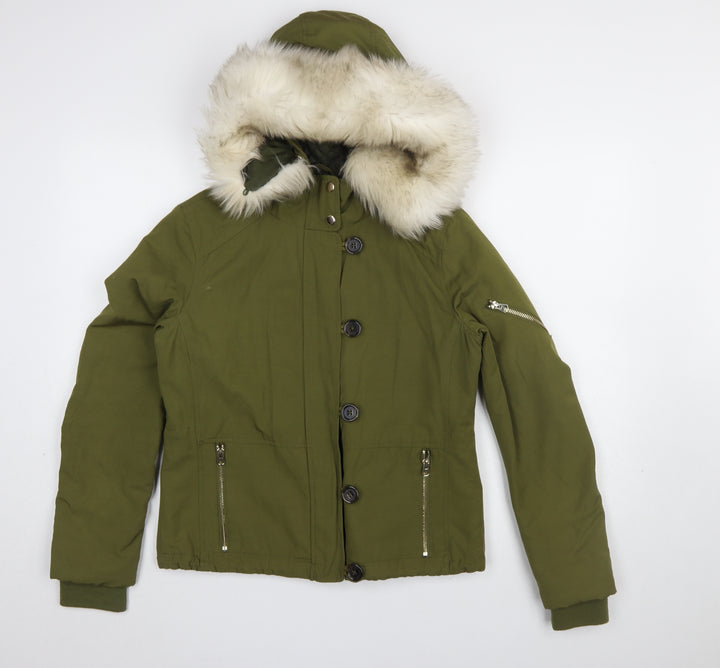 Topshop Womens Green Faux Fur Hooded Parka Jacket Size 8