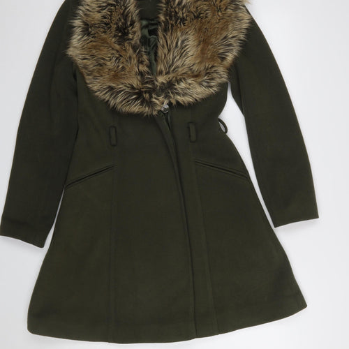 Miss Selfridge Women’s Green Wool Blend Fur Trim Long Coat UK 8