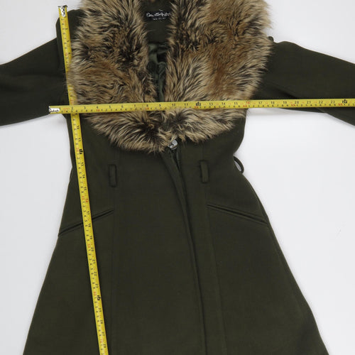 Miss Selfridge Women’s Green Wool Blend Fur Trim Long Coat UK 8