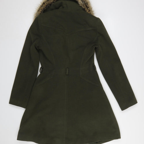 Miss Selfridge Women’s Green Wool Blend Fur Trim Long Coat UK 8