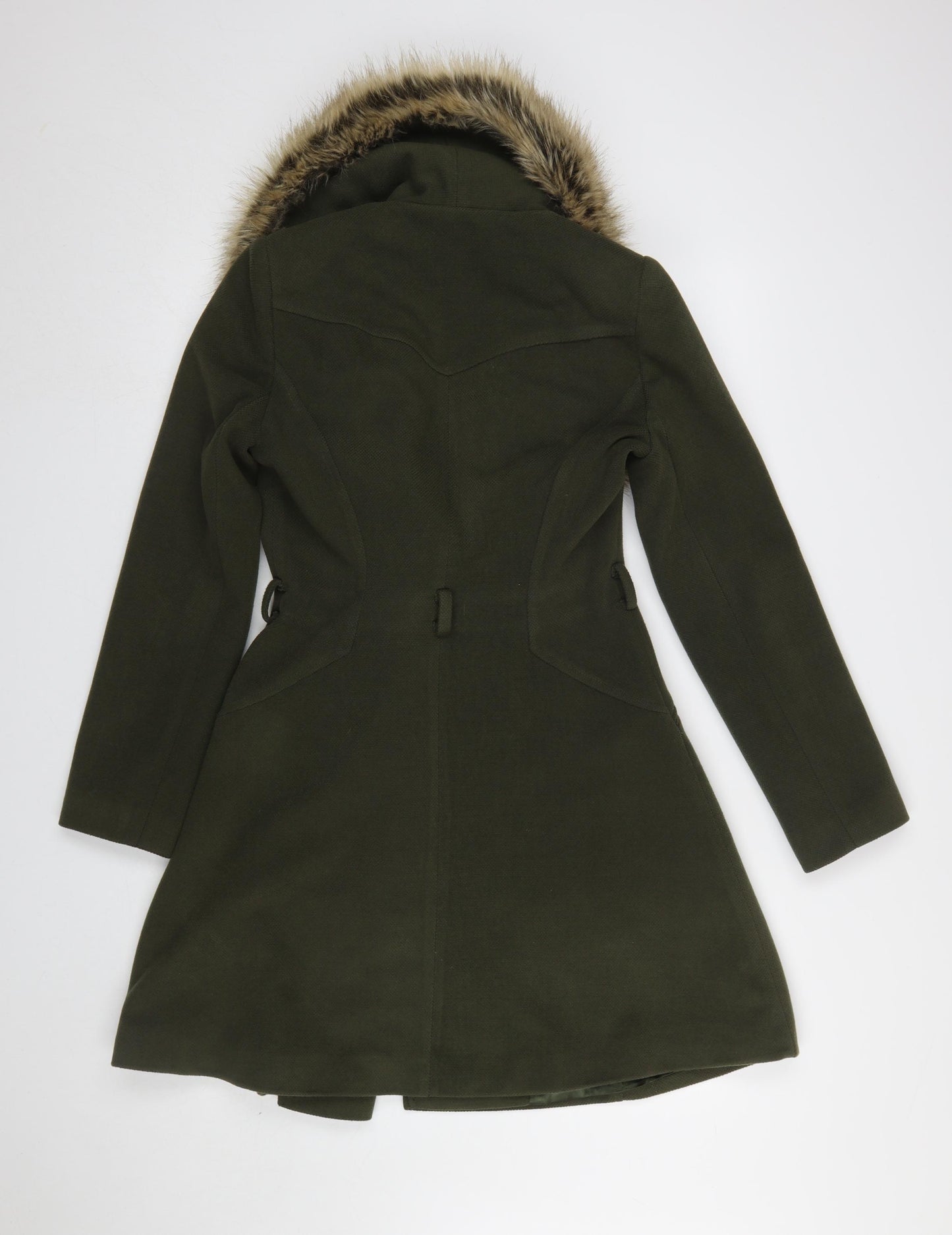 Miss Selfridge Women’s Green Wool Blend Fur Trim Long Coat UK 8