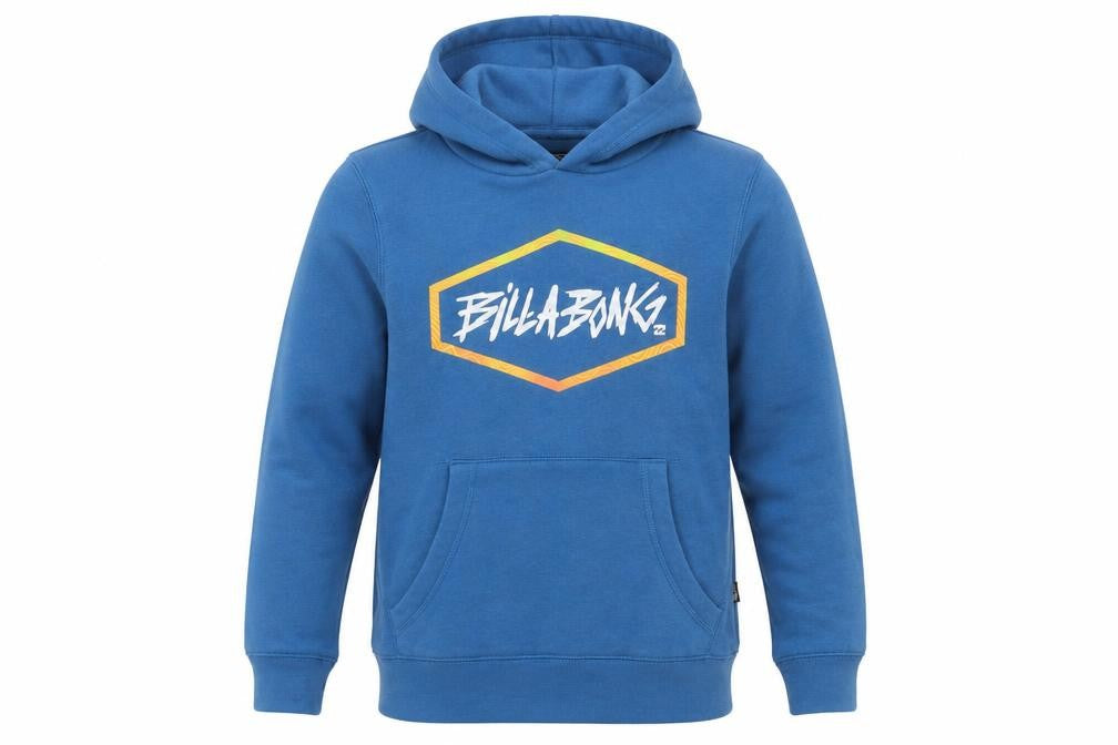 Front view of Billabong boys’ blue pullover hoodie, size 10, cotton blend casual