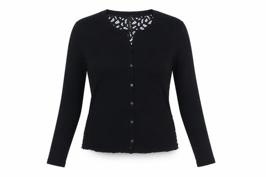 Front view of Marc Cain Women’s Black Lace Back Button-Up Top, size UK 12