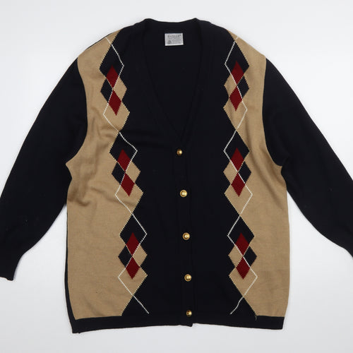 Basler Womens Beige Black Argyle Wool V-Neck Long Sleeve Cardigan Size 16