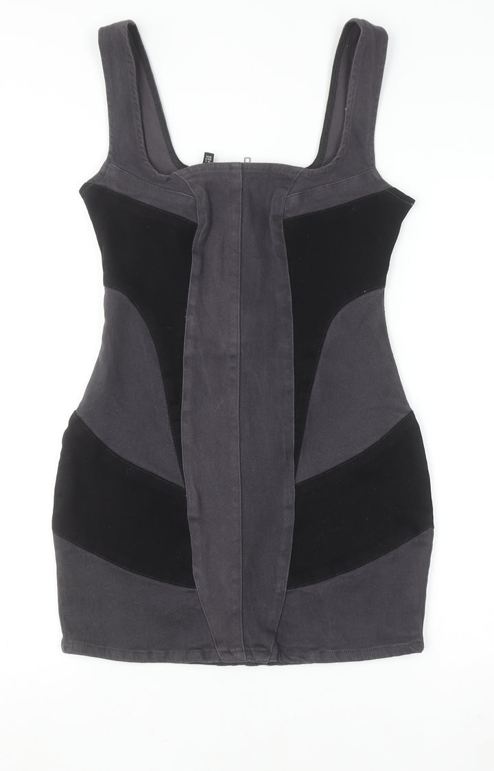 PrettyLittleThing Women’s Grey Bodycon Dress UK 8 Sleeveless Zip Stretch Short
