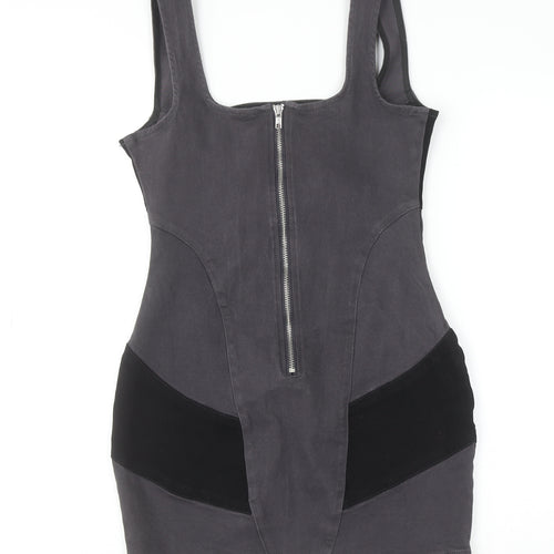 PrettyLittleThing Women’s Grey Bodycon Dress UK 8 Sleeveless Zip Stretch Short