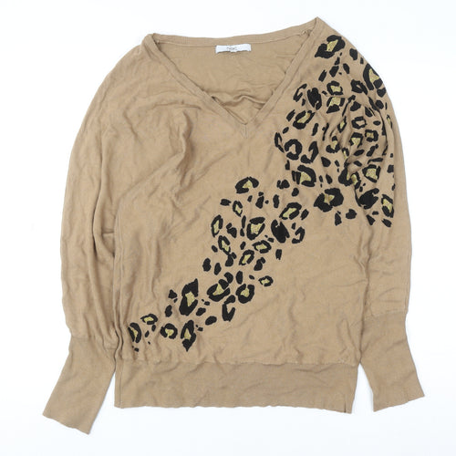 Next Women’s Beige Leopard Print V-Neck Jumper Size S