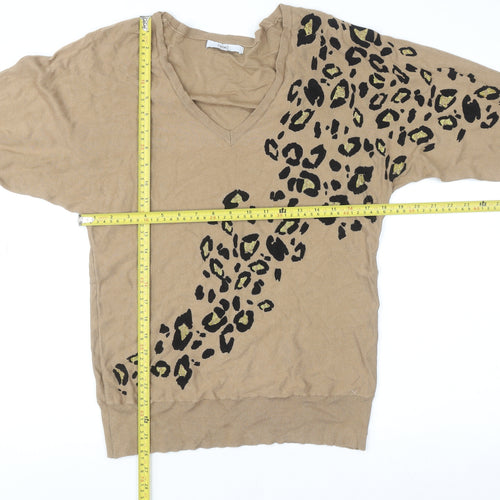 Next Women’s Beige Leopard Print V-Neck Jumper Size S