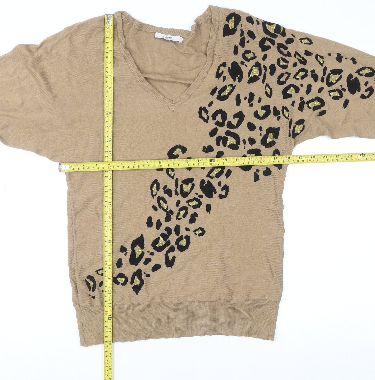 Next Women’s Beige Leopard Print V-Neck Jumper Size S