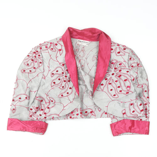 John Bentley Women’s Grey Pink Embroidered Silk Cropped Blazer Size 16