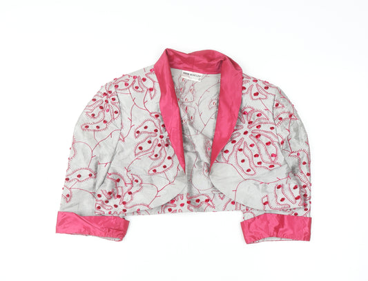 John Bentley Women’s Grey Pink Embroidered Silk Cropped Blazer Size 16