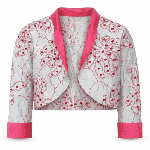 John Bentley Women’s Grey Pink Embroidered Silk Cropped Blazer Size 16