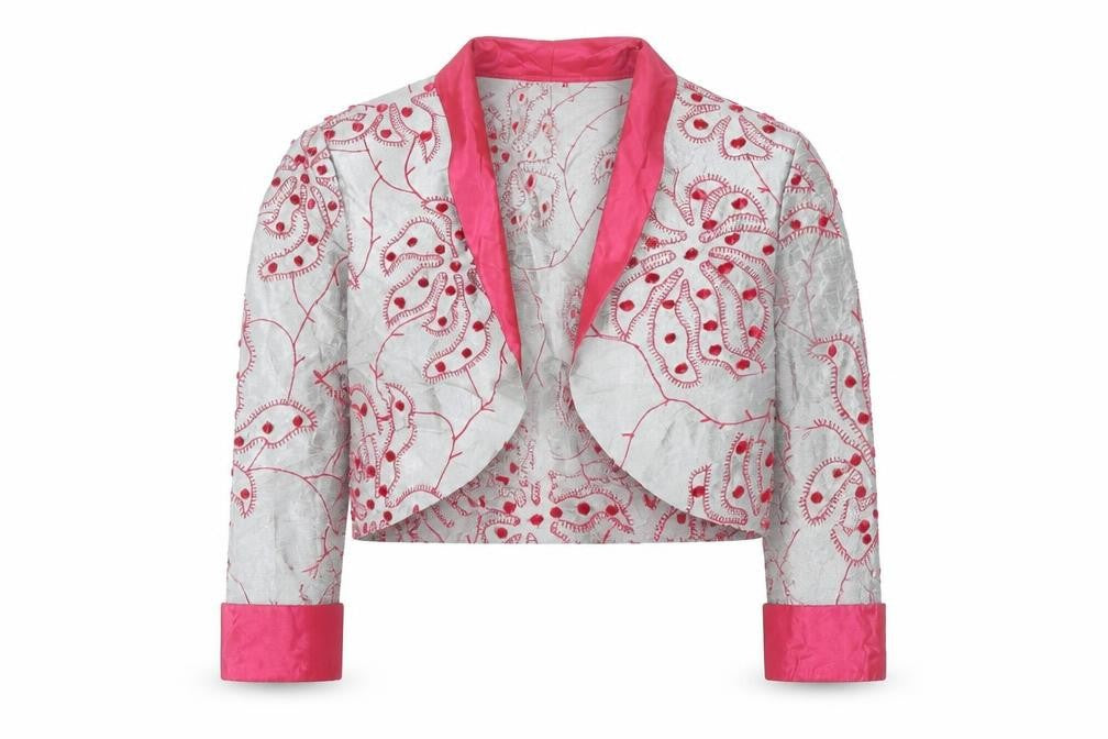 John Bentley Women’s Grey Pink Embroidered Silk Cropped Blazer Size 16
