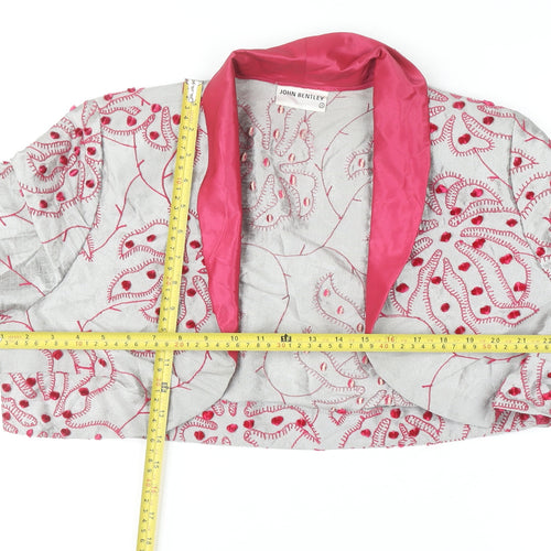 John Bentley Women’s Grey Pink Embroidered Silk Cropped Blazer Size 16