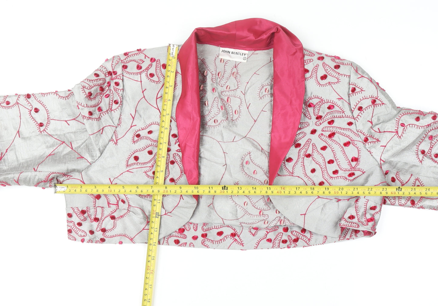John Bentley Women’s Grey Pink Embroidered Silk Cropped Blazer Size 16