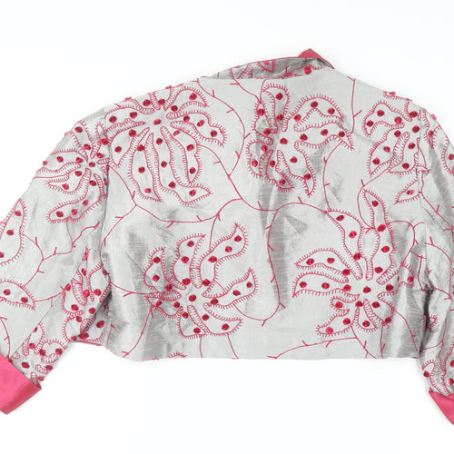 John Bentley Women’s Grey Pink Embroidered Silk Cropped Blazer Size 16