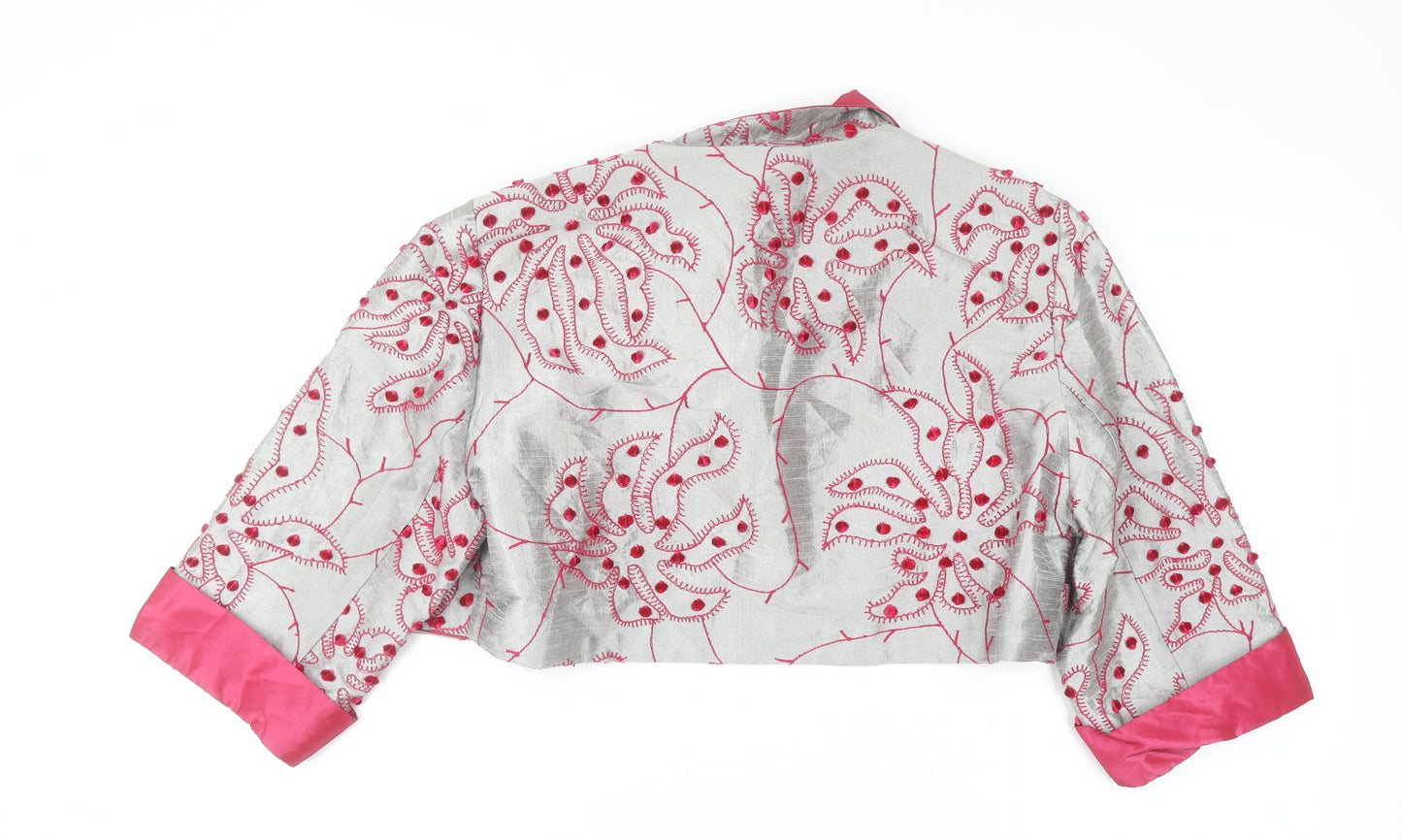 John Bentley Women’s Grey Pink Embroidered Silk Cropped Blazer Size 16