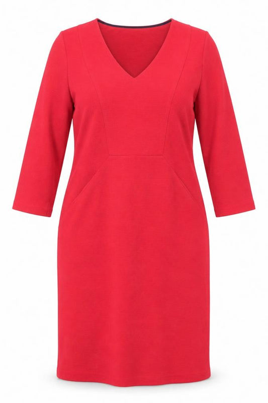 Front view of Boden Women Red V-Neck 3/4 Sleeve Knee Length Shift Dress, size 12R