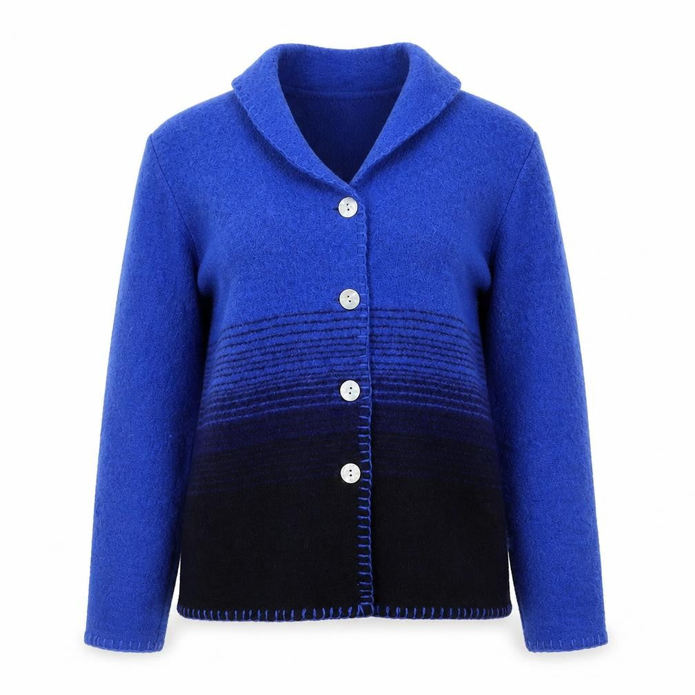 Front view of Lisa International Women's Blue Wool Collared Cardigan, size S