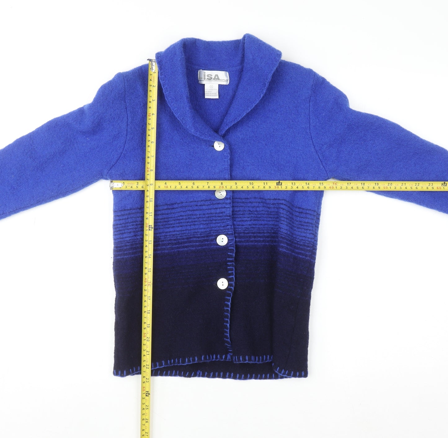Lisa International Women's Blue Wool Collared Cardigan Size S