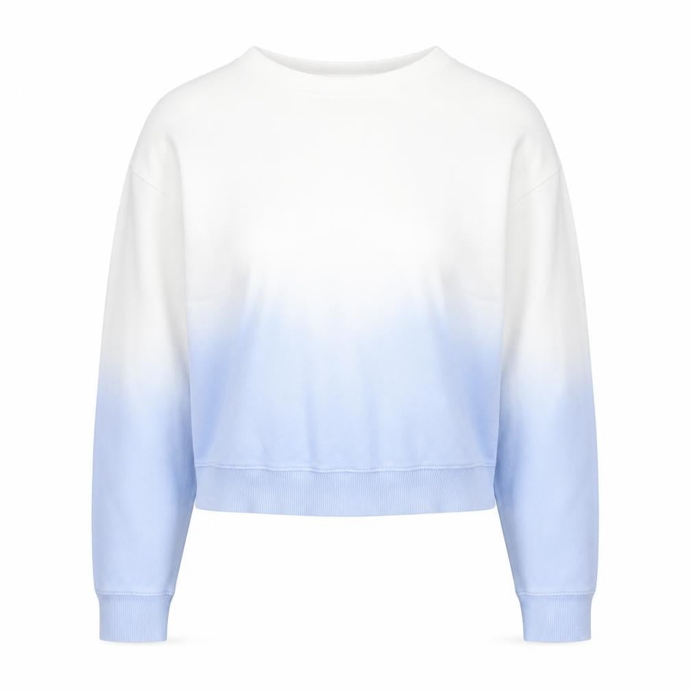 Front view of Hush women’s blue white dip dye cotton pullover sweatshirt, size S