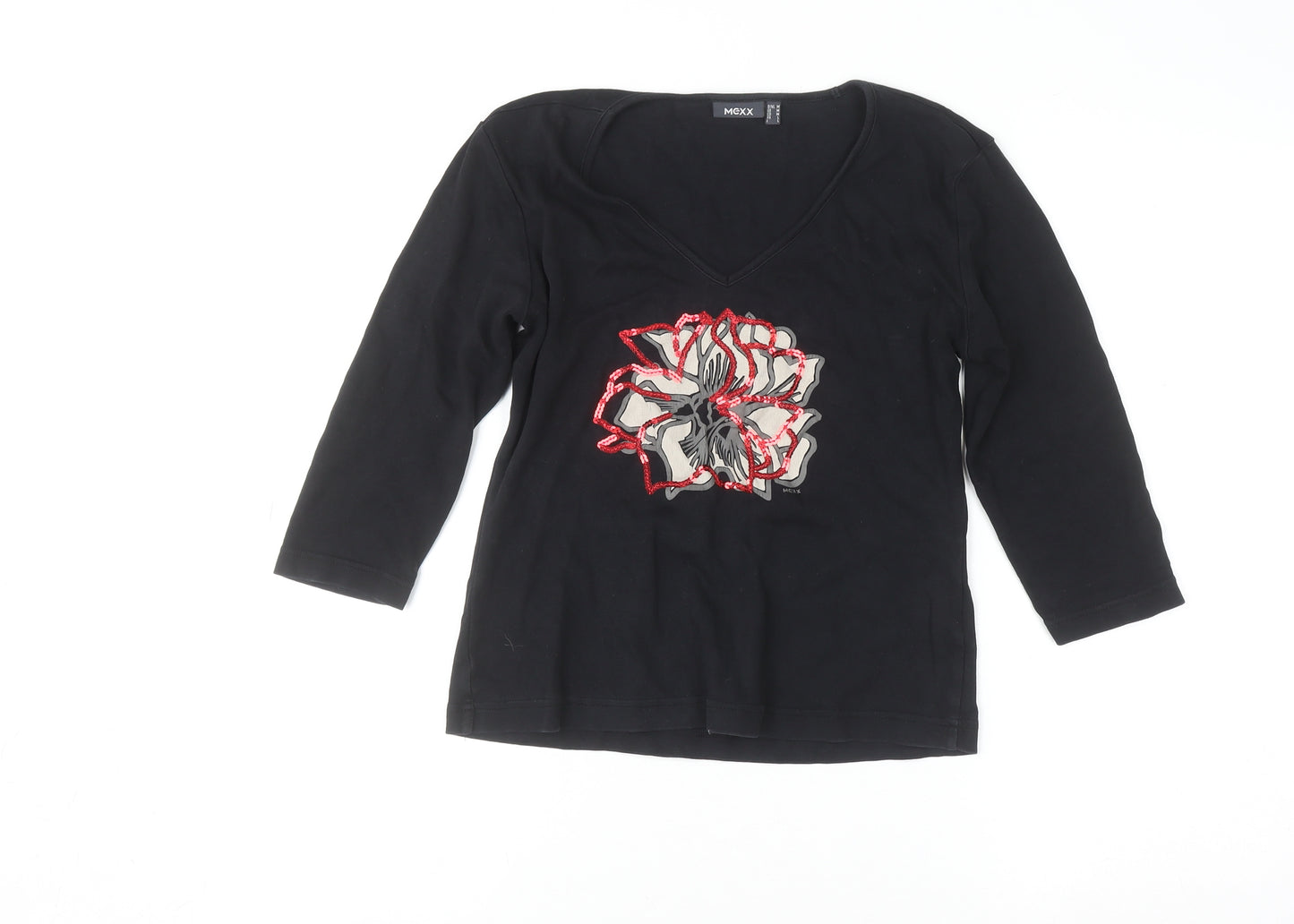 Mexx Womens Black V-Neck Sequin Floral Cotton Top M 3/4 Sleeve