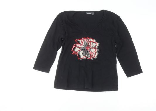 Mexx Womens Black V-Neck Sequin Floral Cotton Top M 3/4 Sleeve