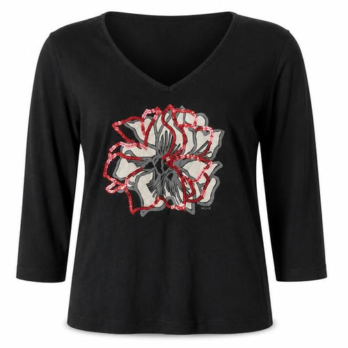 Mexx Womens Black V-Neck Sequin Floral Cotton Top M 3/4 Sleeve