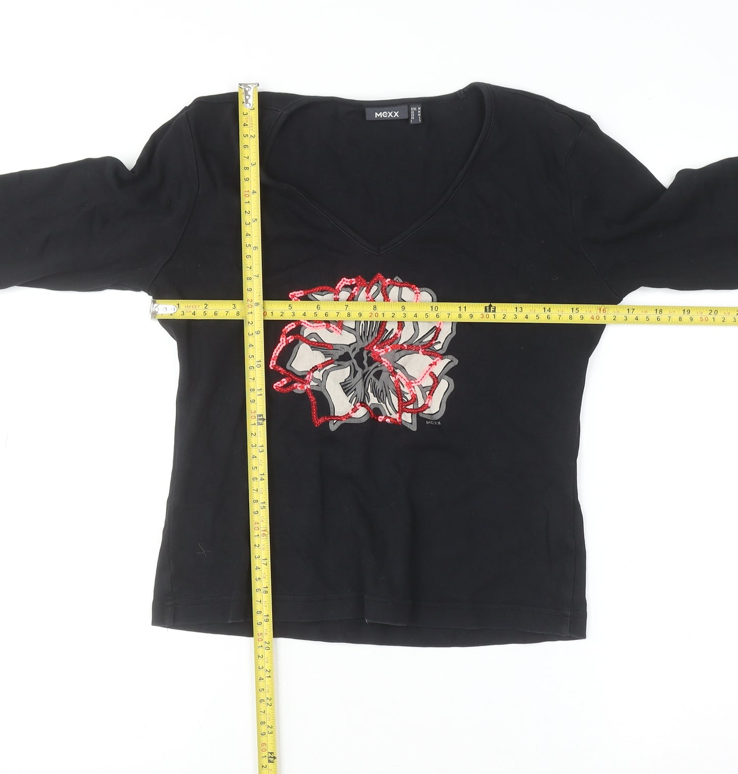 Mexx Womens Black V-Neck Sequin Floral Cotton Top M 3/4 Sleeve