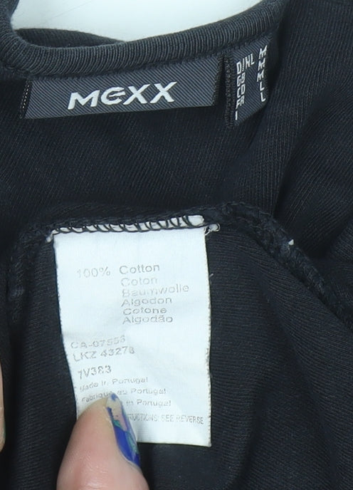 Mexx Womens Black V-Neck Sequin Floral Cotton Top M 3/4 Sleeve