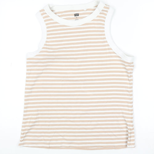 F&F Women Beige White Striped Sleeveless Tank Top XL Cotton Blend