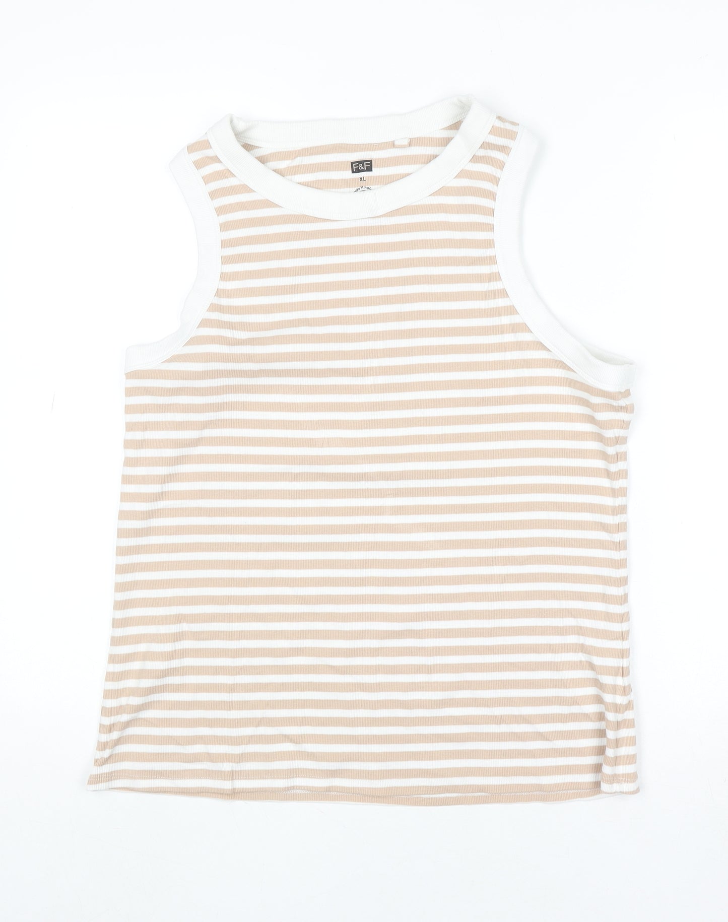 F&F Women Beige White Striped Sleeveless Tank Top XL Cotton Blend