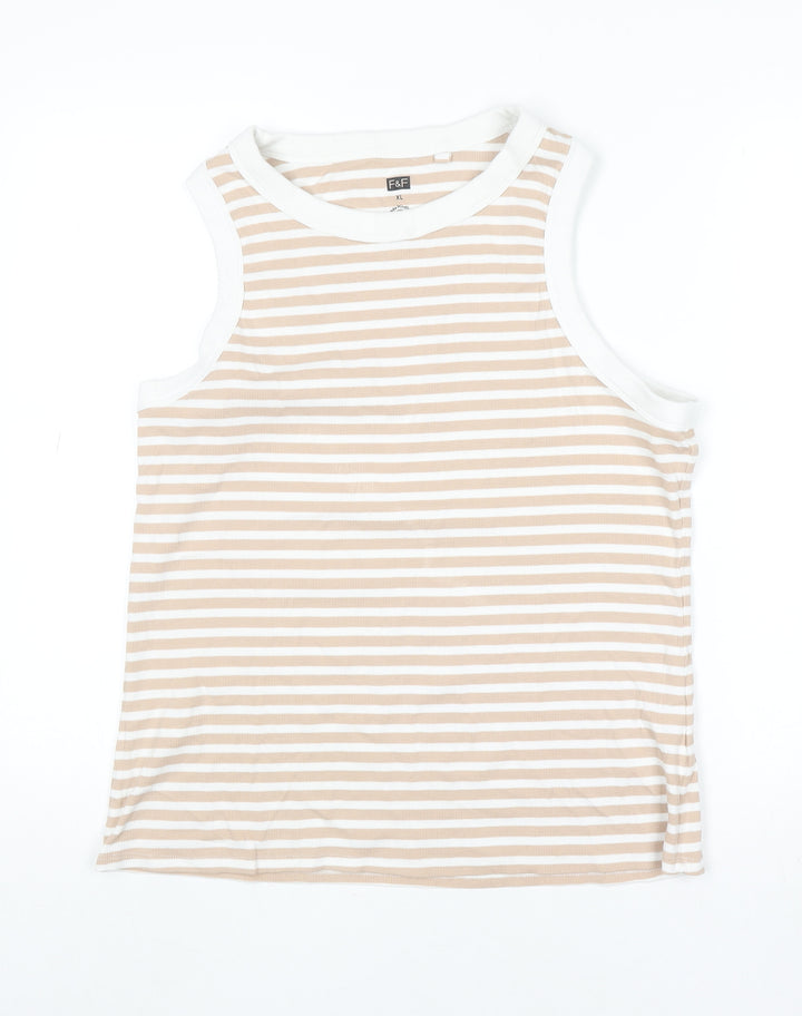 F&F Women Beige White Striped Sleeveless Tank Top XL Cotton Blend