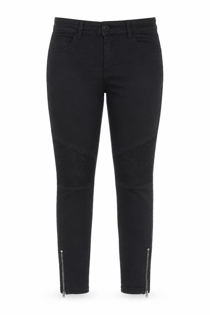 Front view of Stradivarius women’s black skinny jeans zip ankle stretch, size UK 12