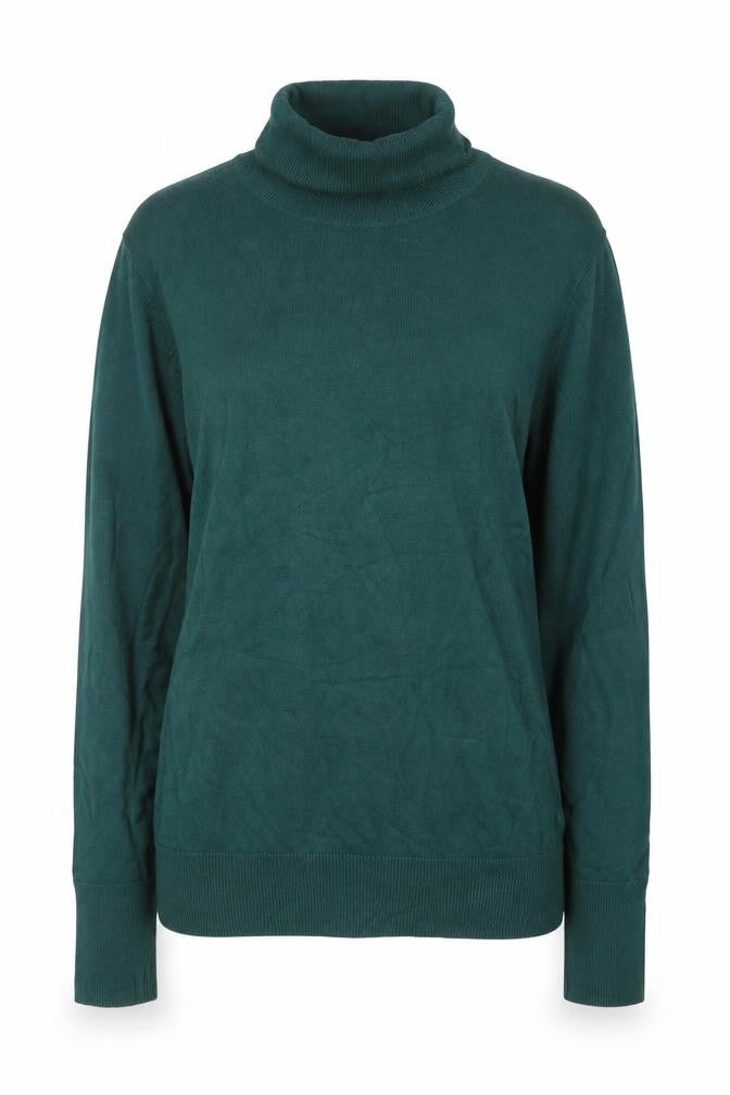 Front view of Dunnes women’s green roll neck knit jumper, size M