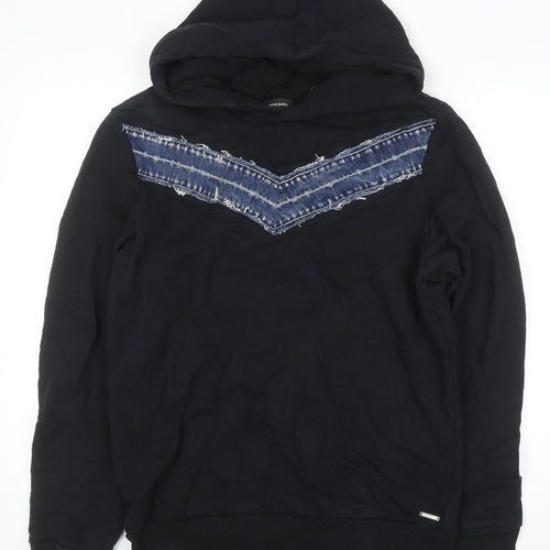 Diesel Men's Black Cotton Pullover Hoodie L Denim Accent Sweatshirt