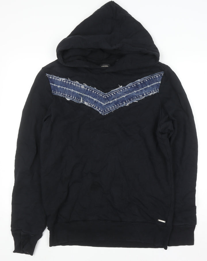 Diesel Men's Black Cotton Pullover Hoodie L Denim Accent Sweatshirt