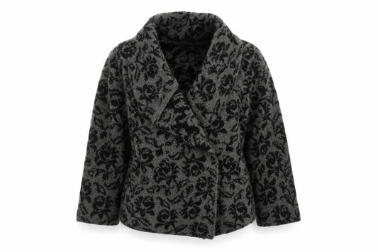 Front view of Ellen Tracy Women's Grey Floral Knit Open Cardigan, size M