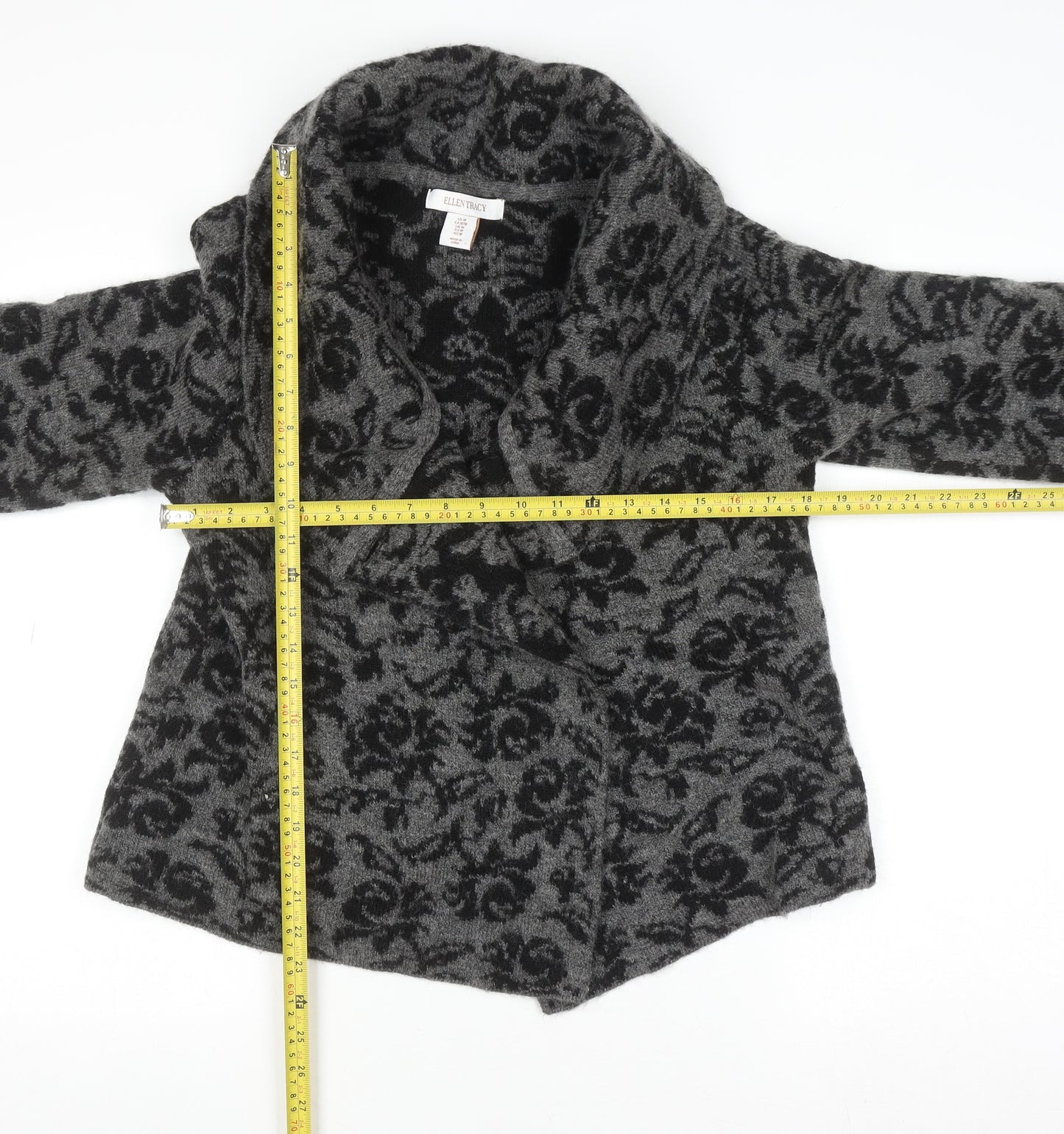 Ellen Tracy Women's Grey Floral Knit Open Cardigan Size M