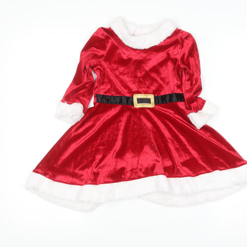 H&M Girls Red Christmas Santa Velvet A-Line Dress 3-4 Years