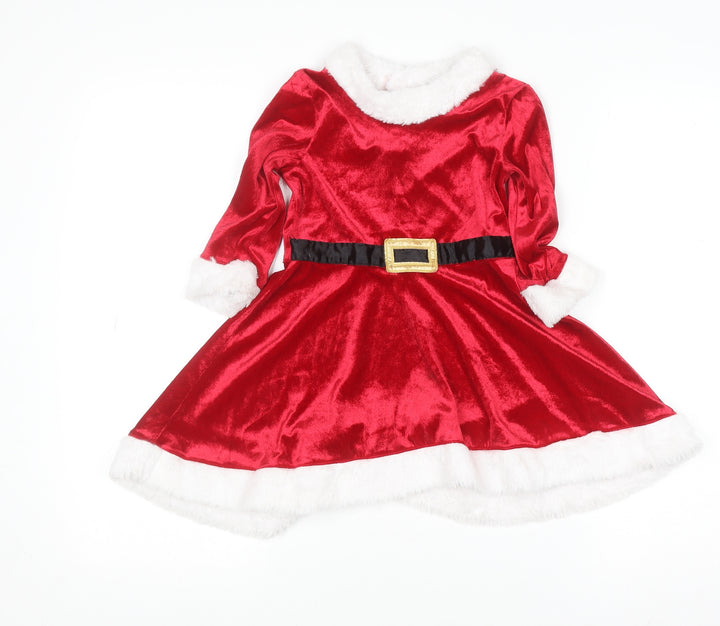 H&M Girls Red Christmas Santa Velvet A-Line Dress 3-4 Years