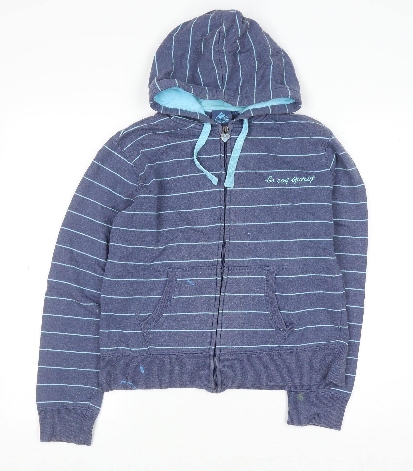 Le Coq Sportif Women’s Blue Striped Full Zip Cotton Hoodie Size 10
