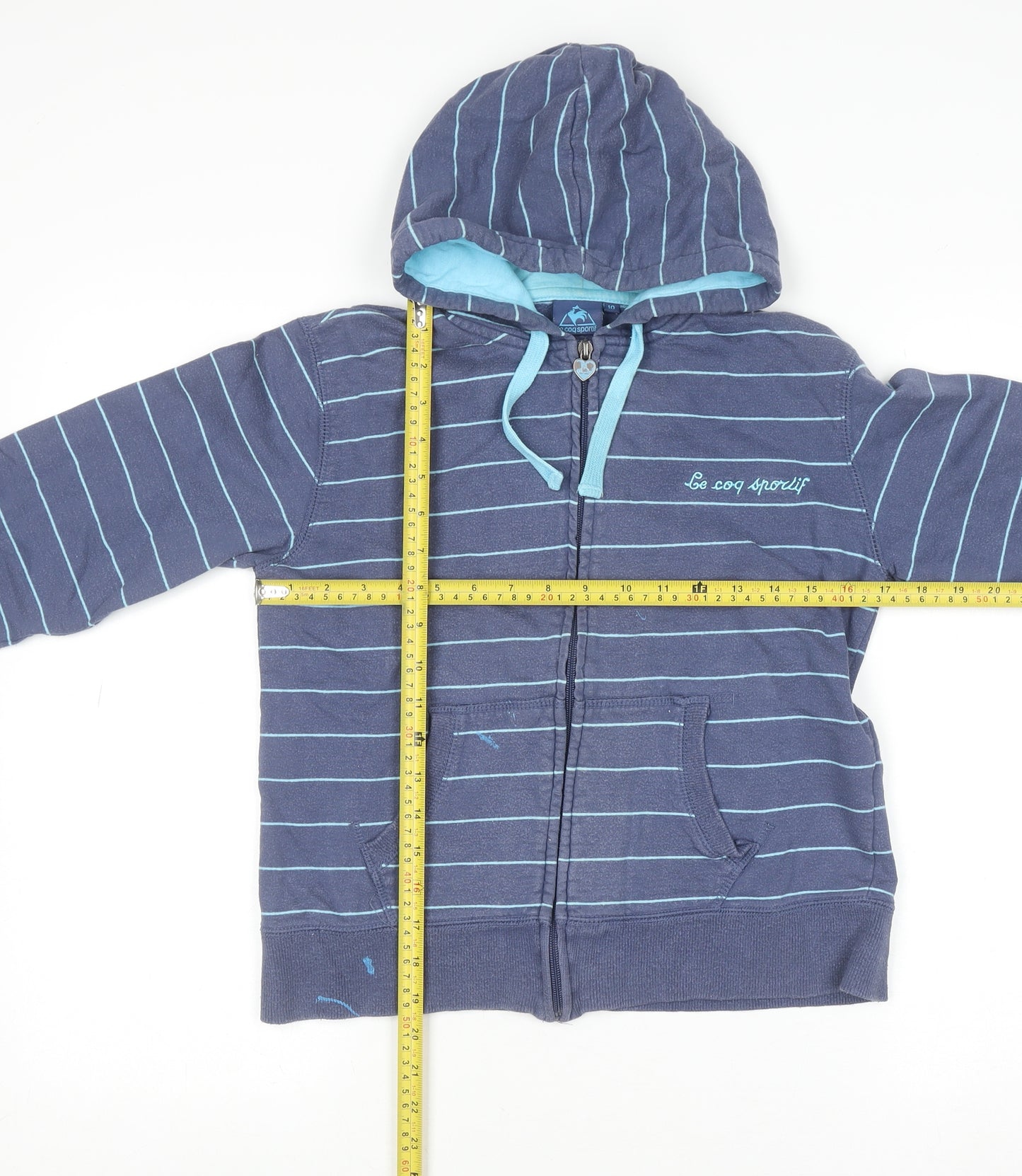 Le Coq Sportif Women’s Blue Striped Full Zip Cotton Hoodie Size 10