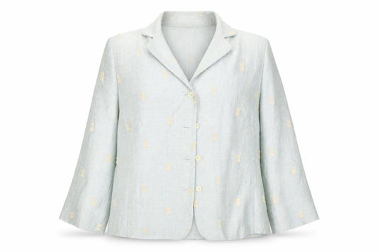 Front view of Libra women’s blue linen blend button blazer, size UK 16