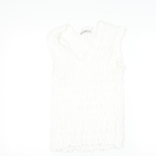 Gallery Womens White Ruffle V-Neck Sleeveless Blouse Size S
