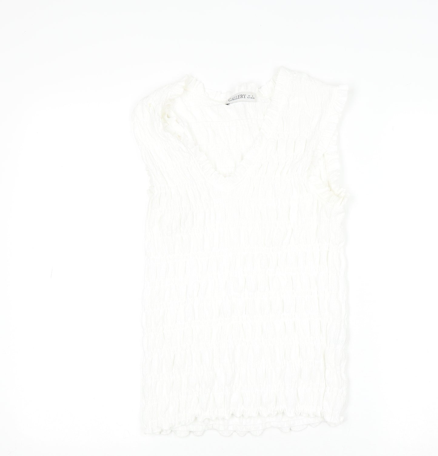 Gallery Womens White Ruffle V-Neck Sleeveless Blouse Size S